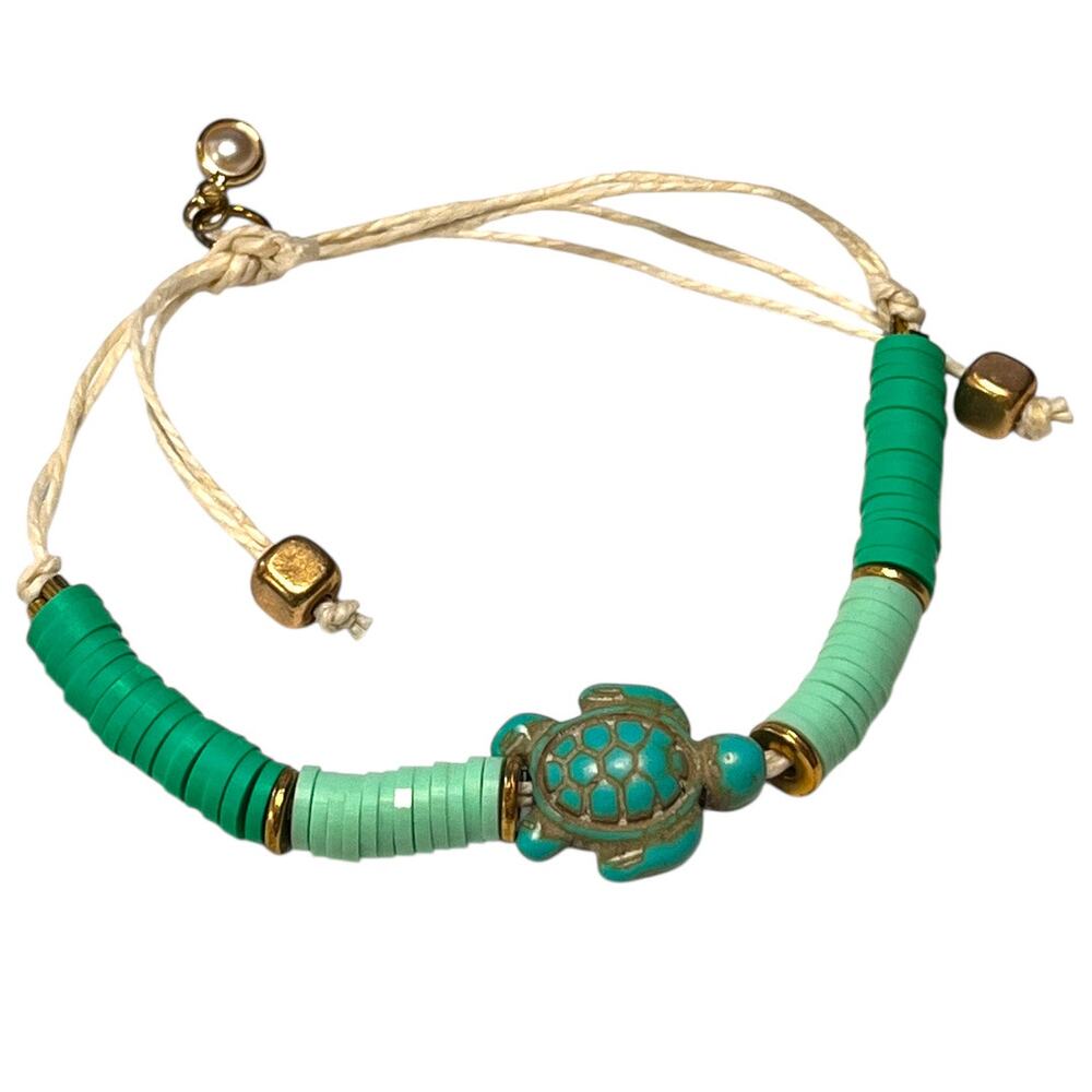 Womens Turtle Handmade Braccelet Beaded Turquoise White Gold Tone